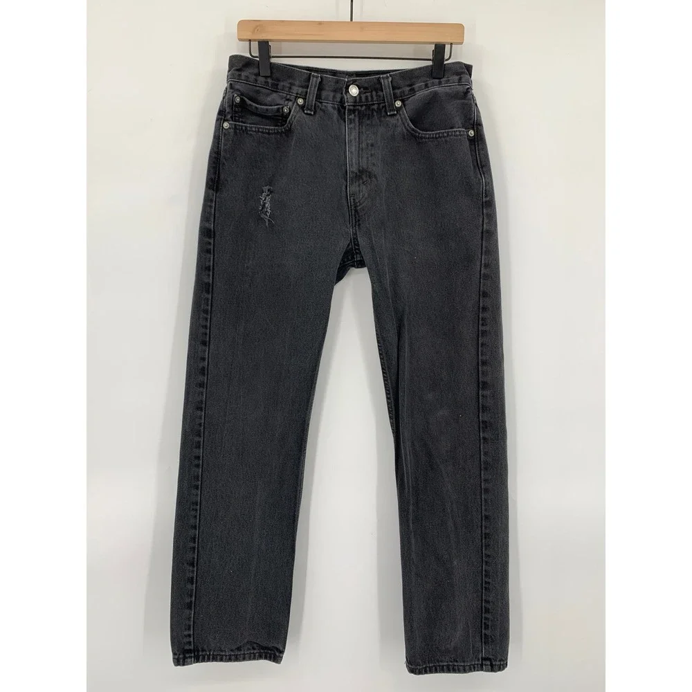 Levi 505 Jeans Mens 32x32 Black Solid 100% Cotton Distressed Straight Leg‎